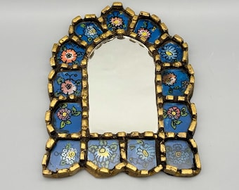 Vintage Peruvian Cuscaja Mirror: Cathedral Shape, Hand Carved Wood Frame, Reverse Painted Flowers