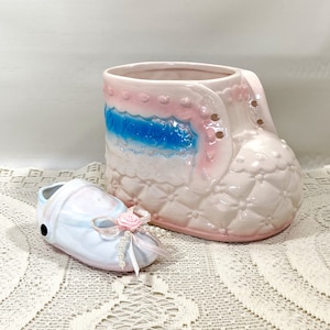 Adorable Baby Bootie/Shoe Planter 1950&#39;s &  Porcelain tiny baby shoe 1980&#39;s, Nursery Planter Pink Baby Bootie Large Size, Baby Girl Decor