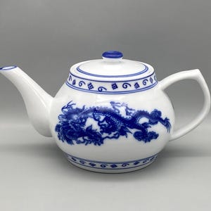 Vintage Blue Dragon Teapot: White Porcelain Chinese Design, 1980s