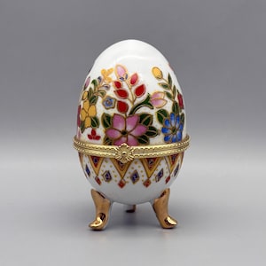 Vintage Porcelain Egg Trinket Box Multicolored Floral Designs Footed Gold Tone Metal Hinged Lid