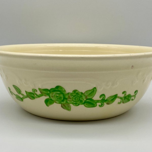 Homer Laughlin Ovenserve Ware Serving Bowl  8 1/2 x 3",  1930s Kitchen Cream with Embossed Green Flowers and Rim, No Cracks Or Major Chips