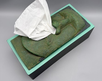 Vintage Tissue Box Cover, Easter Island Moai Cast Metal Face on Molded Plastic Base