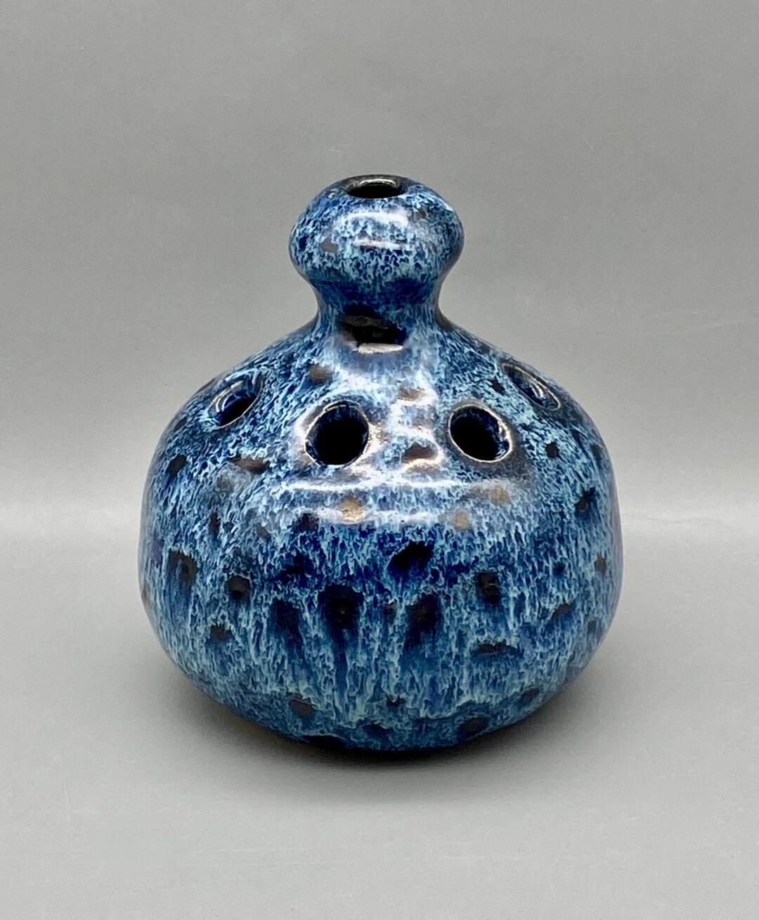 Vintage Blue Drip Glaze Pottery Flower Frog Vase - Signed Carole Snyder ...