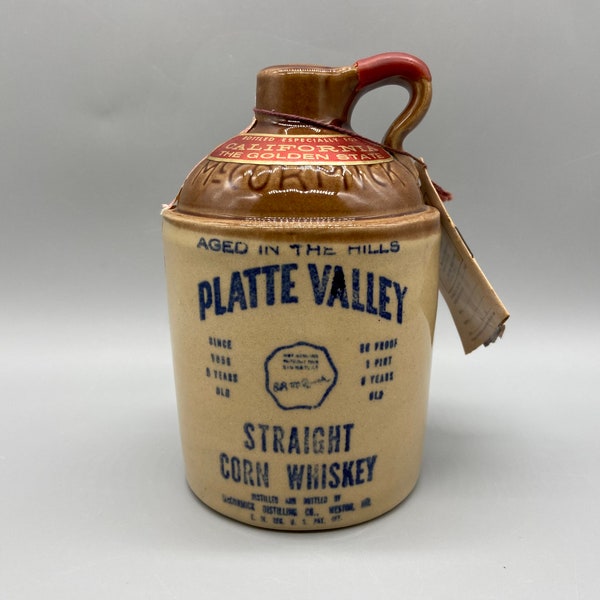 Platte Valley Straight Corn Whiskey Stoneware Jug 2 tone Bottled for California, McCormick Distilling, circa 1969 Little Brown Jug Kits Tag