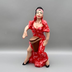 Johanna Ceramics CA Pottery Beautiful Lady in Red Figurine also signed Ceramics by Lisa 1969, Woman Playing Drum Red Dangle Earrings, Unique
