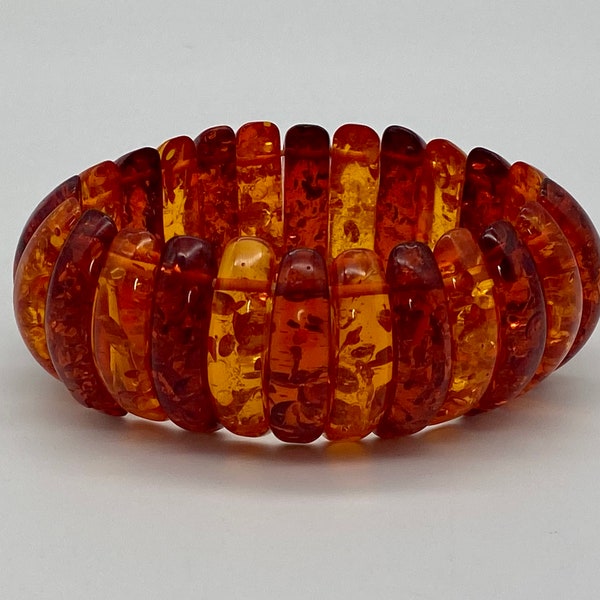 Vintage Lucite Confetti Bracelet Bangle Beaded Stretch  2 tone Amber Colored Lucite with Gold tone Flecks, 1 1/4" wide, Fall Autumn Colors