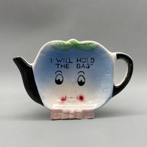 Vintage Tea Bag Holder Blue Berry Design Teapot Shape Hand Painted Ceramic Made in Japan Mid-Century Kitsch CUTE!