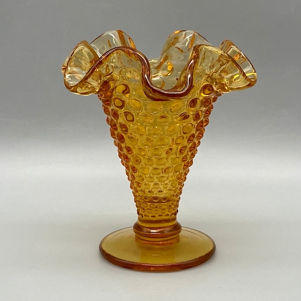 Fenton Hobnail Colonial Amber Vase Double Crimped 4" Size Vintage 1959 to early 1970s, No Damage, Fall Autumn Season Glass Decor