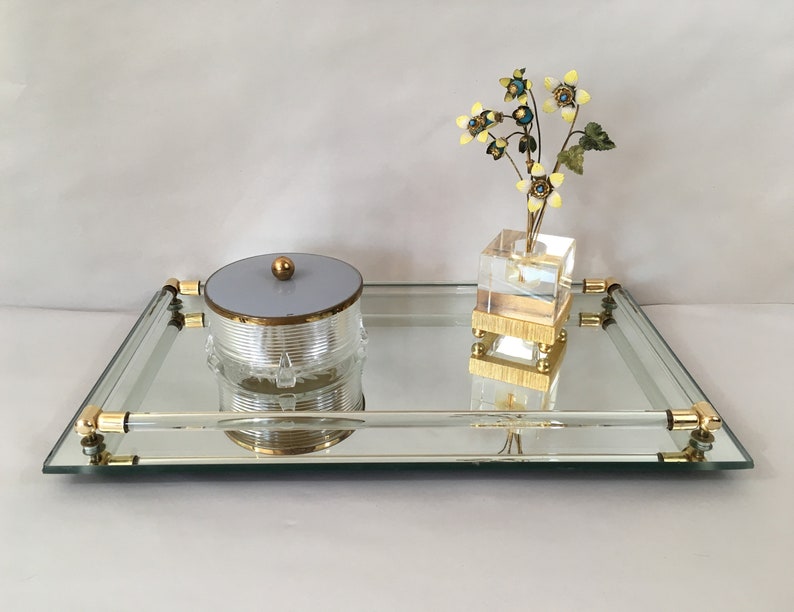 Vintage Vanity Dresser Set 3 Pieces Mirror Tray Powder Jar Or Trinket Dish Fl Art Sculpture Deco Regency Mid Century