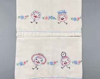 Vintage Tea Towels, Kitchen Dish Towels set of 2 Embroidered Anthropomorphic Salt Pepper Chili Thyme on Soft White Cotton Fabric, As Is