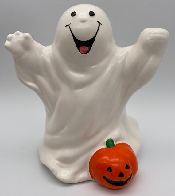 Vintage Halloween Ghost Bank: Russ Berrie Ceramic Jack O'lantern