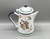 Villeroy Boch French Garden Roanne Enameled Metal Coffee Pot Kettle 5 cup size, vintage 1997, Strawberry Peach Vegetables and Tools Design