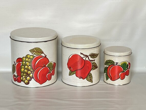 Decoware 1950 s Kitchen Canisters Red Fruit Litho Printed Tin