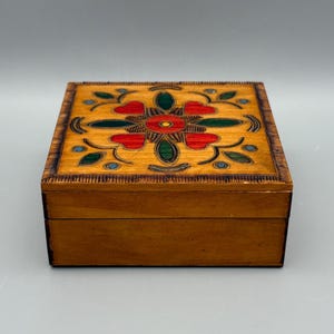 Vintage Polish Wood Trinket Box Red Hearts Green Leaves Pyrography Painted Brass Inlay