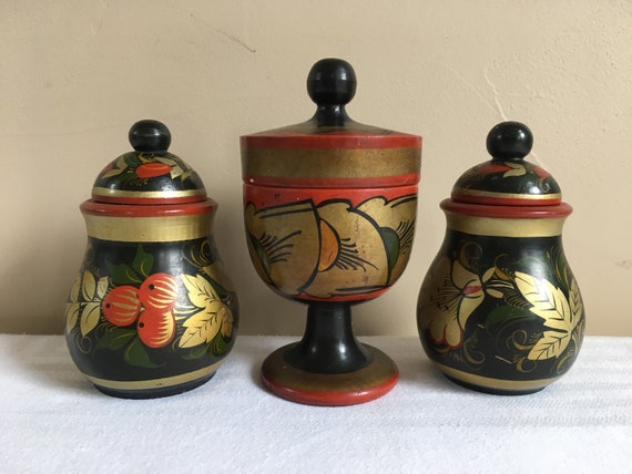 Hohloma Wood Jar Set, Russian Folk Art Lacquerware, Gold Black Red 