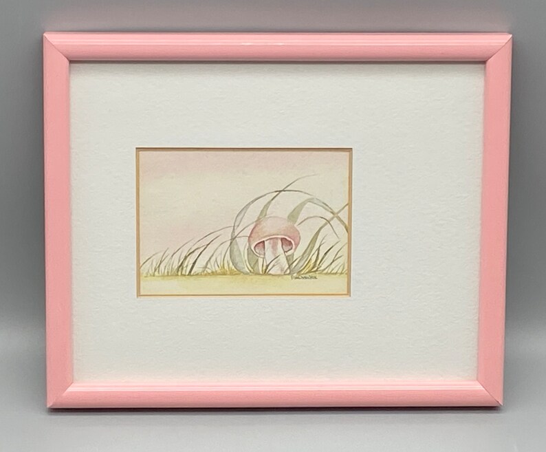 Mushroom Lithograph Print Original Art by Ann Onyschuk Pink Frame Glass Covered vintage 1980s, 10 3/4 x 8 3/4, No Damage