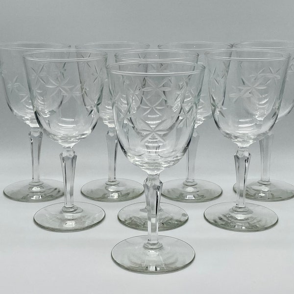 Libbey Glass Candlelight Pattern Goblets Stemware set of 8 Cut Glass Star Design, Vintage 1930s era BEAUTIFUL Elegant Glassware Drink Ware