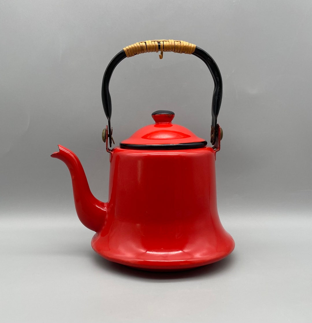 Red Enamelware Tea Kettle Bell Shape Enameled Metal Country Etsy