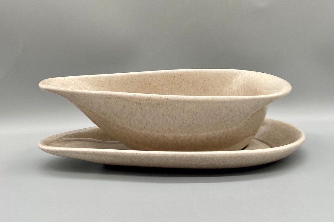 Midcentury Modern Gravy Boat With Under Plate Brown Speckled Etsy