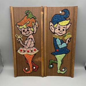 Vintage Pixie Gravel Pebble Art MCM Elves Kitschy Girl and Boy Pair, 1960s