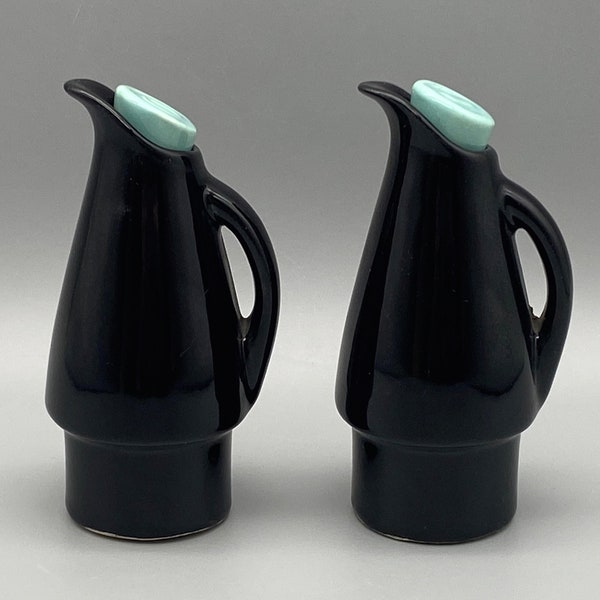 Vinegar & Oil Cruets/Bottles Black with Turquoise Stoppers USA Pottery 984 Mid-Century Form and Colors, Pottery Ceramic Stoppers Bottles