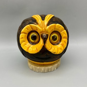 Owl Carved Alabaster Stone Sculpture Figurine Paperweight made in Italy 1970s, Natural Stone Dyed Brown Yellow/Orange Plastic Eyes, 4&quot; x 4&quot;