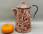 Enamelware Brown White Splatter Ware Kettle Coffee Pot, 3 1 2 - 4 cup size, Rustic Primitive Country Farmhouse Kitchen, Cowboy Coffee Pot