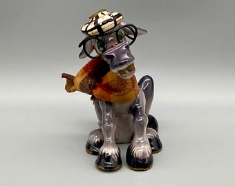 Anthropomorphic Silly Donkey Figurine with 2 buck teeth black wire glasses plaid beret plaid cloth scarf, Vintage Mid-Century, Enesco Japan