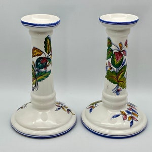 Portugal Pottery Candlestick Holders Matching Pair Hand Painted Multicolored Floral Designs Vintage Signed, Large 8.5&quot; tall x 5 1/4&quot; base