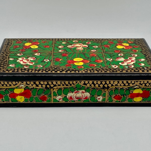 Vintage Kashmiri Lidded Box Handmade in India, Trinket Jewelry Box, Paper Mache/Wood Hand Painted Florals Green Red Yellow Gold on Black