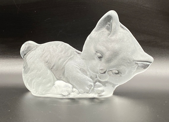 Viking Glass Cat Kitten Figurine Clear Satin Glass Bookend