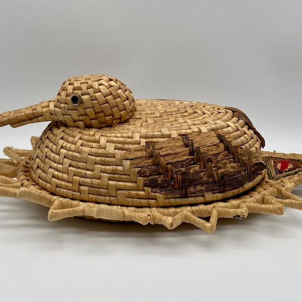 Duck Basket Coiled Sweetgrass 2 Piece with Plastic Eyes Bark Feather Accents, Origin Unknown Asian, 13 12/" x 8 3/4" x 4 3/4", Boho Style