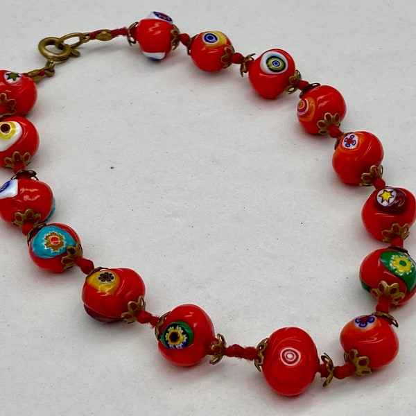 Vintage Millefiori Glass Bead Bracelet/Anklet 10 Inch Long Hand-Knotted Opaque Red Multicolored Flower Canes Brass Findings, Boho Style