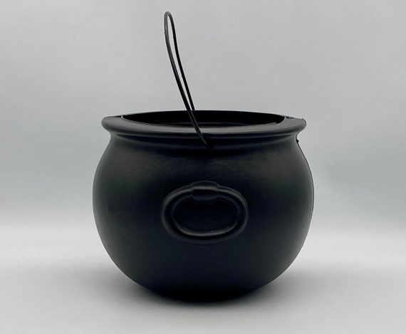 thumbnail interactive-video image 1 of Blinky Vintage Halloween Blow Mold Cauldron Witch Candy Dish | 6" Black Plastic Bowl 1 of 4