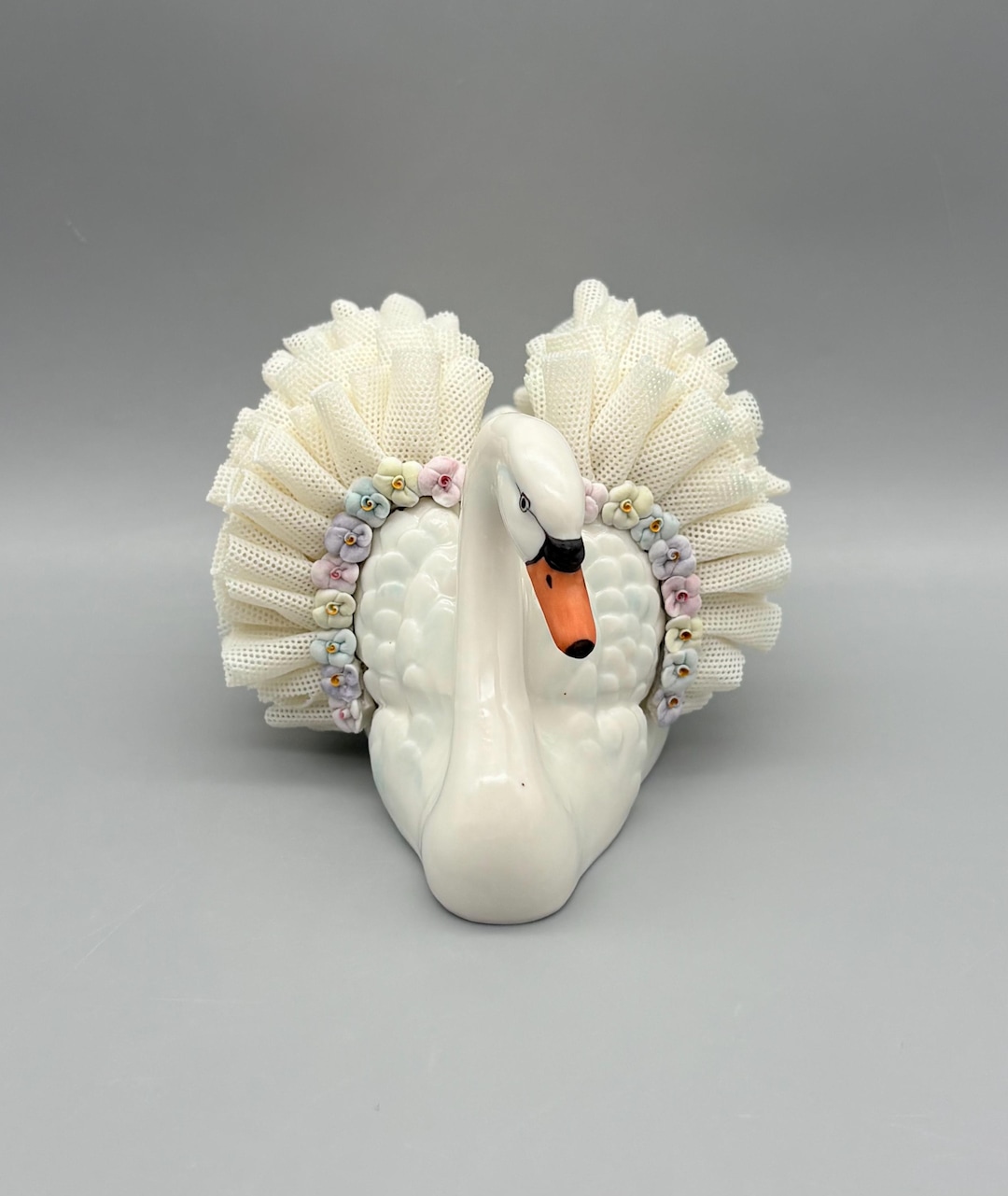 Vintage Irish Dresden Lace Porcelain Swan White With Multicolored
