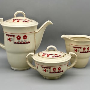 Art Deco Teapot Sugar Bowl and Creamer Set by Gerbrude Benedikt Czechoslovakia Red Burgundy Gray Geometric Flower Design with Gold Trim