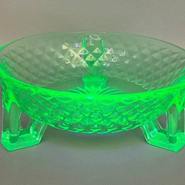 Imperial Glass Diamond Quilted Round Footed Bowl Green Depression Uranium Glass, Fluorescing Glowing Glass, Vintage 1925 to 35, Uncommon