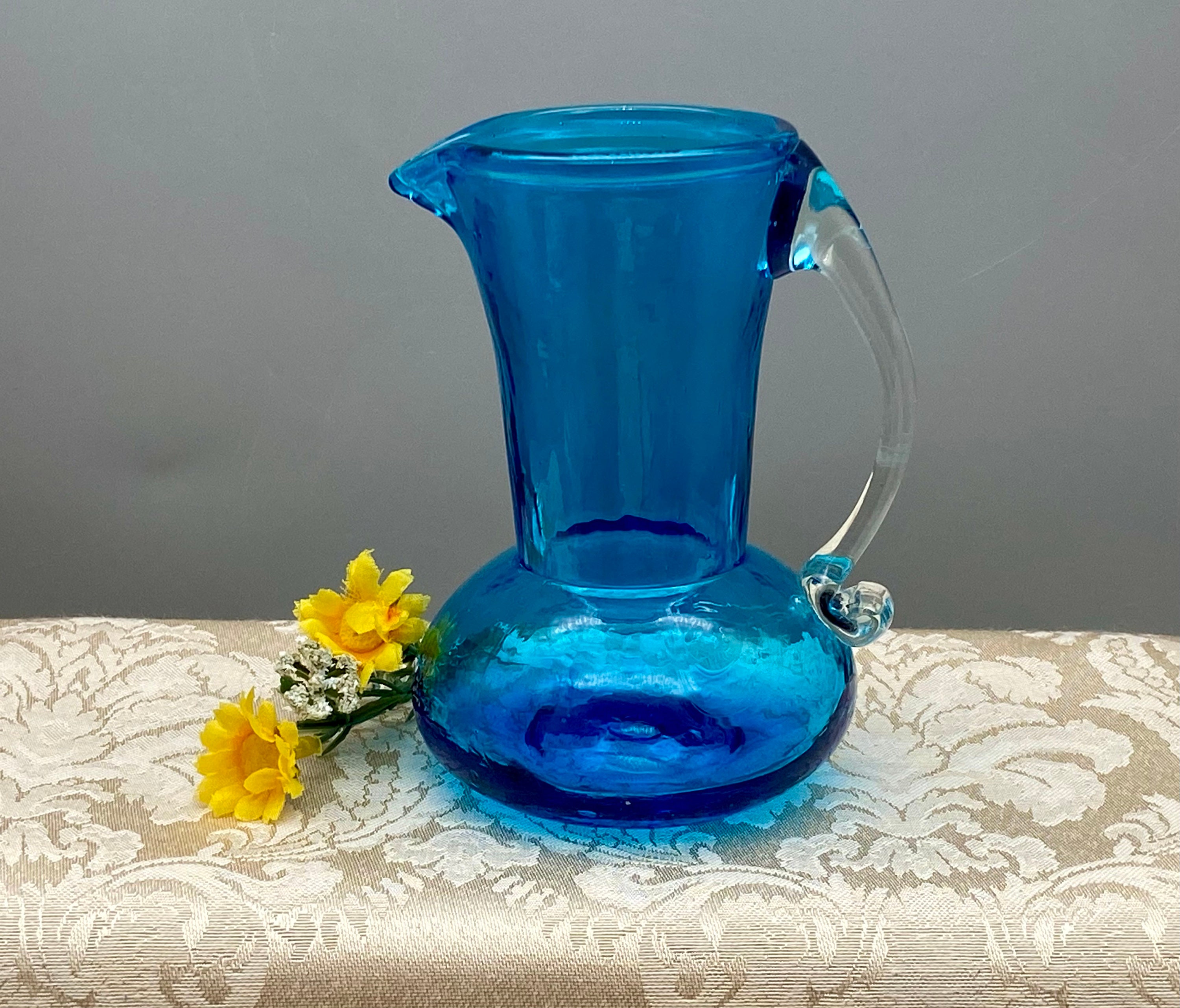 1950s Vintage Hand-Blown Small Glass Pitcher With Applied Handle & Pontil  Mark