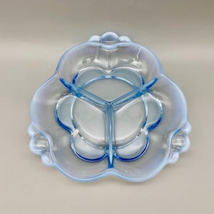 Duncan Miller Canterbury Blue Opalescent 8&quot;- 3 section relish dish or candy dish, Vintage 1935 - 50, BEAUTIFUL Light Blue Opalescent Glass