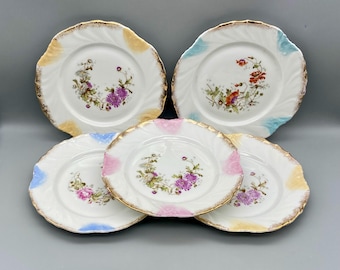 Antique KPM Porcelain Plates (Set of 5): Floral Scalloped Dishes, Germany