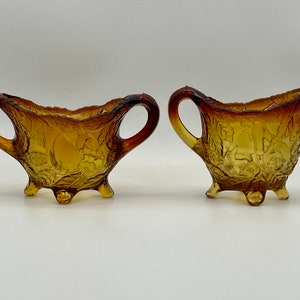 Sweet Pear Dark Amber Burnt Honey Glass Open Sugar and Creamer Set by Tiara Glass Vintage 1980s, Pretty Fall Color and Pattern, No Damage
