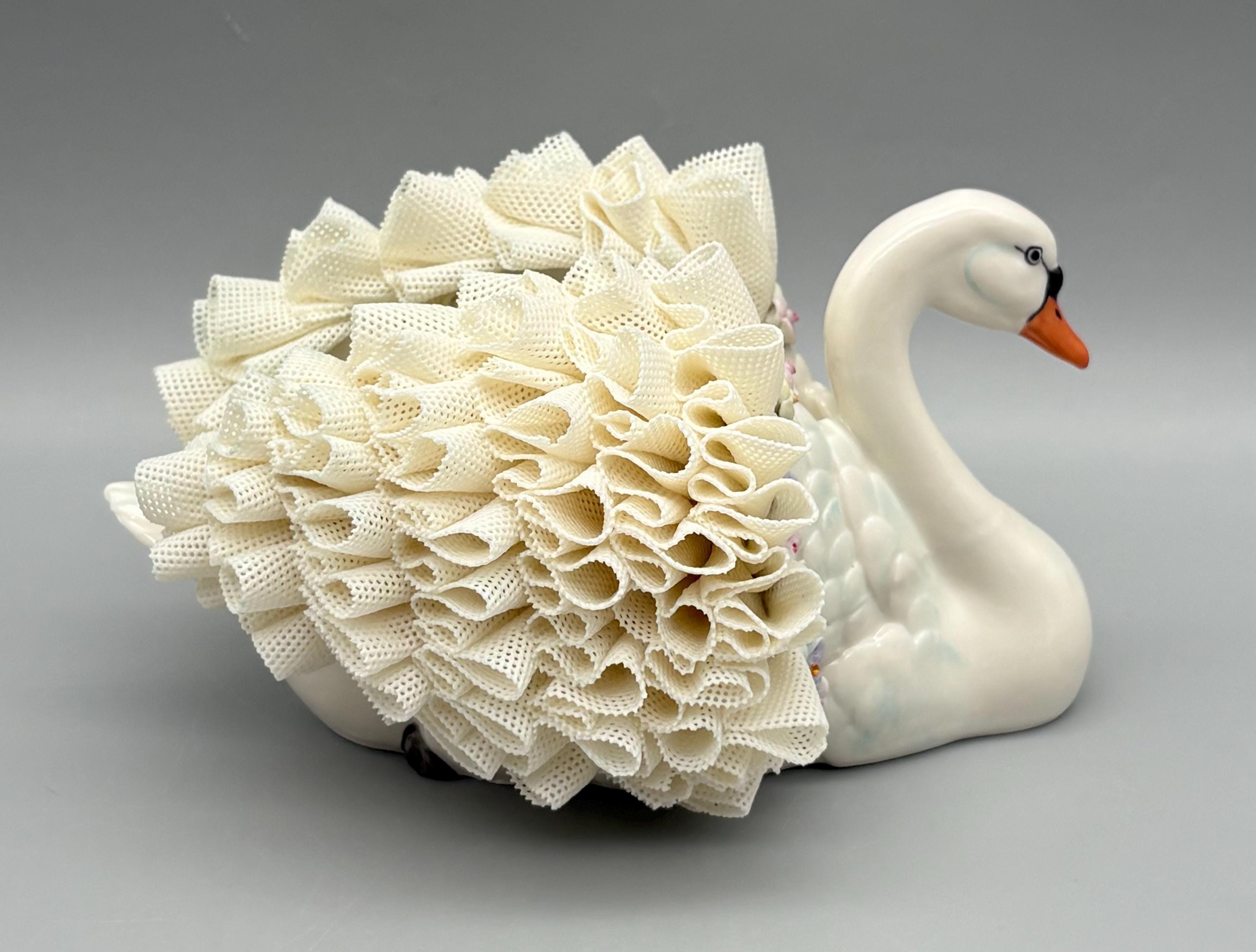 Vintage Irish Dresden Lace Porcelain Swan White With Multicolored