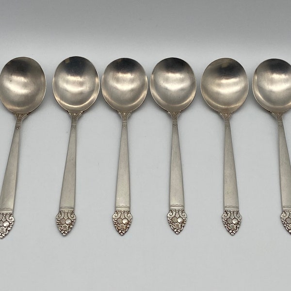 King Cedric Pattern set of 6 Round Soup Spoons, Silver Plated Flatware by Oneida Community Plate, vintage 1933, Nice Good Quality