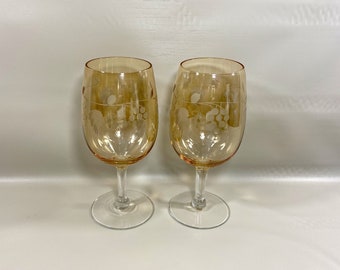 Iridescent Marigold Etched Glass Goblets 2, Matching Pair, Bride and Groom Goblets, Bohemian Glass, 8 oz size, Marigold Cups Clear Stems