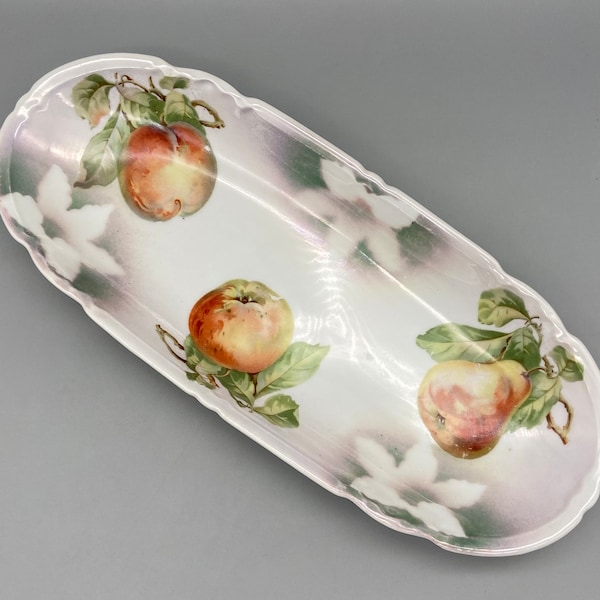 Vintage German Porcelain Serving Bowl/Celery Dish Airbrushed Green/Silver Leaf Details Pear Apple Peach Fruit Transfer Designs 1920s Germany