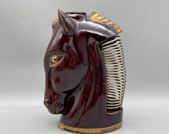 Mid-Century Redware Horse Head Bank: Equestrian Desk Organizer, Made in Japan