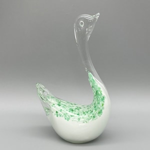 Swan Paperweight Art Glass Hand Blown, Clear and White with Green Flecks Art Glass Swan Figurine, 6 1/4&quot; tall