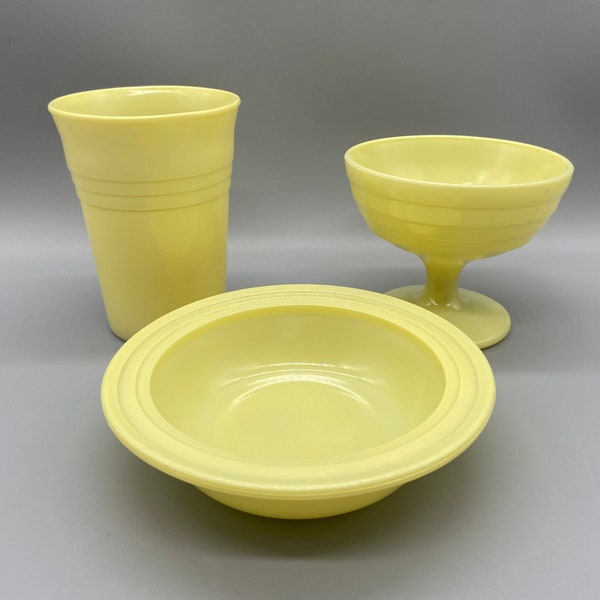 Moderntone Platonite Pastel Yellow by Hazel-Atlas 3 pieces - Tall Sherbet, 9 oz Tumbler & Rimmed Dessert Bowl, circa 1936 - 1940s, no damage