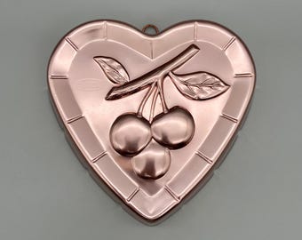 Vintage Heart Shaped Copper Jello Mold, Cherry Design, West Bend
