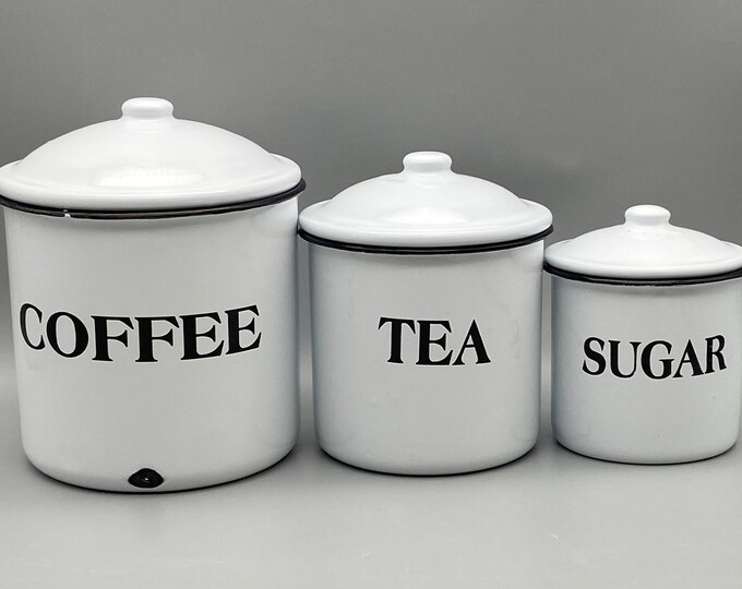 Vintage Enamelware Canister Set of 3 Coffee Tea & Sugar Etsy